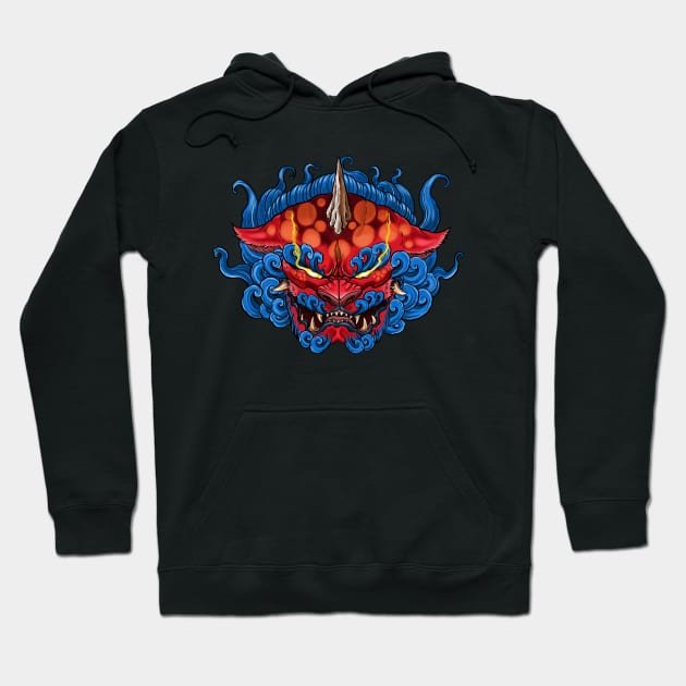 Japanese Tattoo Style Foo Dog Face Hoodie by Eugenex